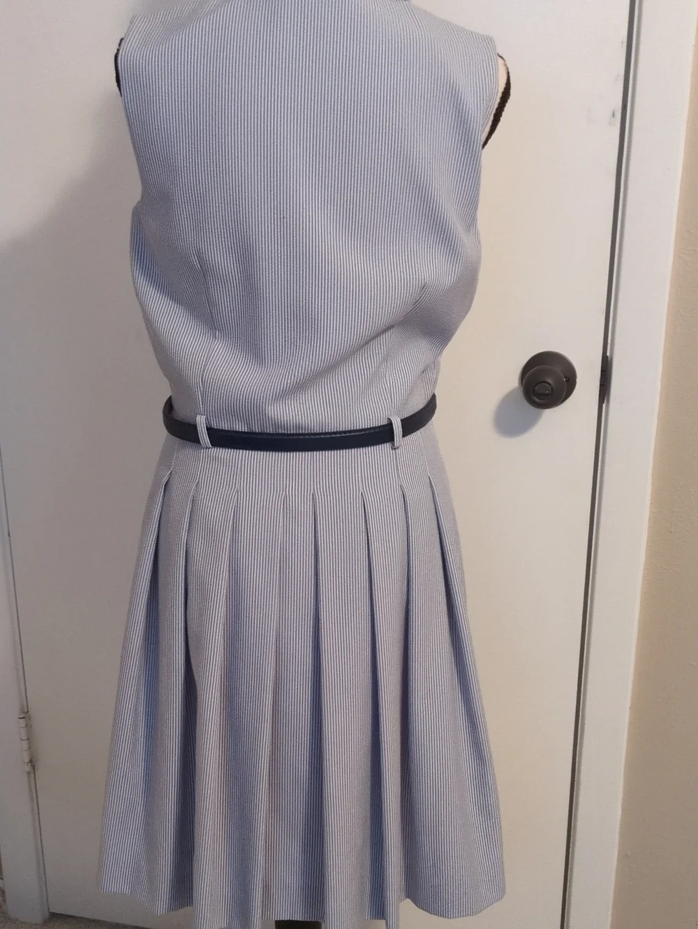 Sleeveless Blue Striped Button-Front Dress with Belt 6 Lined